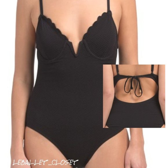 Jessica Simpson Scalloped Edge V-Wire Swimsuit Black Size L - Picture 1 of 8